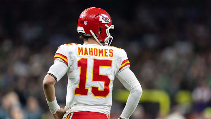 Feb 9, 2025; New Orleans, LA, USA;  Detailed view of the jersey of Kansas City Chiefs quarterback Patrick Mahomes (15) against the Philadelphia Eagles in Super Bowl LIX at Ceasars Superdome. Mandatory Credit: Mark J. Rebilas-Imagn Images