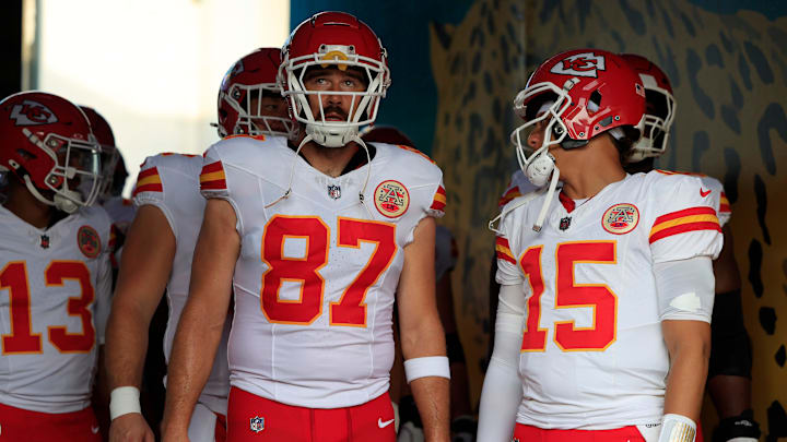 Travis Kelce and Patrick Mahomes will try to win their fourth Super Bowl championship together on Sunday. Travis Kelce and Patrick Mahomes will try to win their fourth Super Bowl championship together on Sunday.