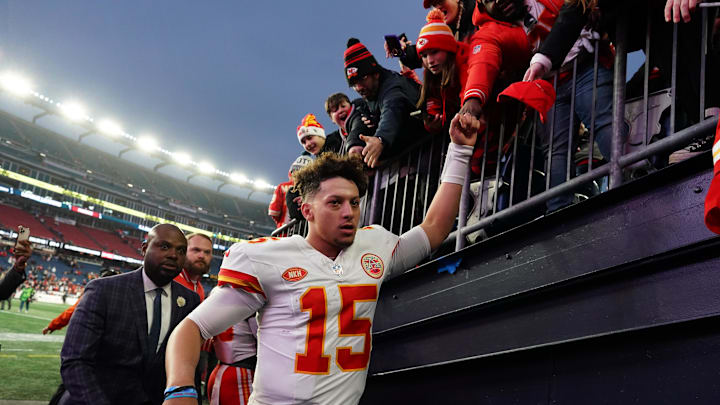 Dec 17, 2023; Foxborough, Massachusetts, USA; Kansas City Chiefs quarterback Patrick Mahomes (15) exits the field after defeating the New England Patriots at Gillette Stadium. Mandatory Credit: David Butler II-Imagn Images Dec 17, 2023; Foxborough, Massachusetts, USA; Kansas City Chiefs quarterback Patrick Mahomes (15) exits the field after defeating the New England Patriots at Gillette Stadium. Mandatory Credit: David Butler II-Imagn Images