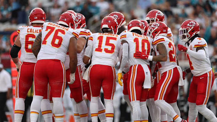 Aug 10, 2024; Jacksonville, Florida, USA; Kansas City Chiefs quarterback Patrick Mahomes (15) leads a huddle against the Jacksonville Jaguars in the first quarter during preseason at EverBank Stadium. Mandatory Credit: Nathan Ray Seebeck-Imagn Images