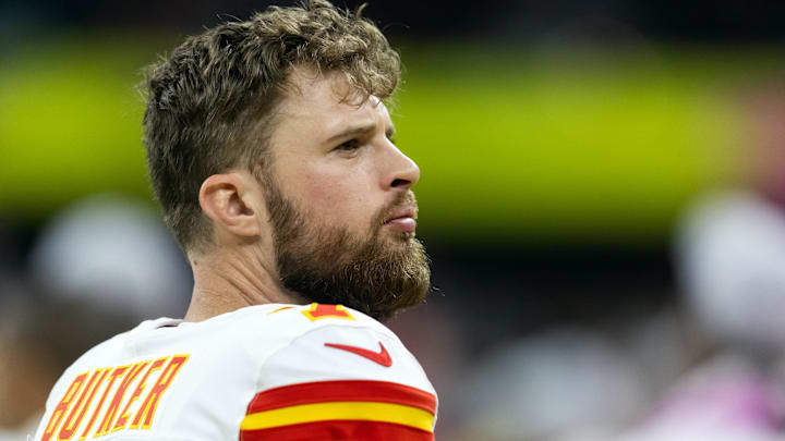 Feb 9, 2025; New Orleans, LA, USA;  Kansas City Chiefs kicker Harrison Butker (7) against the Philadelphia Eagles in Super Bowl LIX at Ceasars Superdome. Mandatory Credit: Mark J. Rebilas-Imagn Images