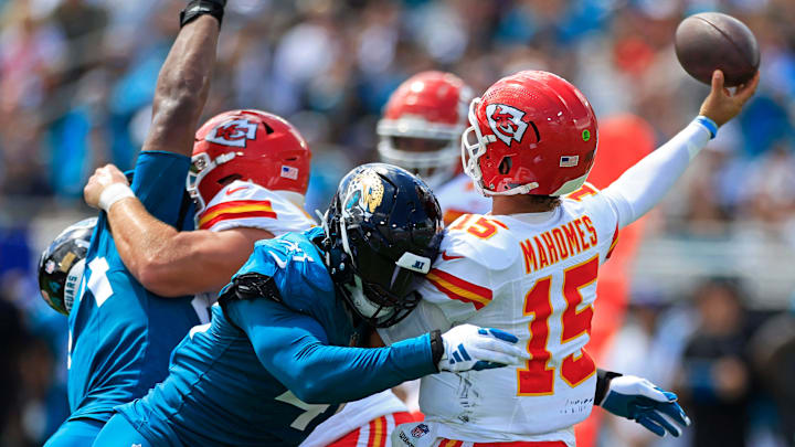 Kansas City Chiefs quarterback Patrick Mahomes (15) is rushed by Jacksonville Jaguars linebacker Josh Allen (41) which resulted in an interception during the second quarter of a NFL football game Sunday, Sept. 17, 2023 at EverBank Stadium in Jacksonville, Fla. The Kansas City Chiefs defeated the Jacksonville Jaguars 17-9. [Corey Perrine/Florida Times-Union]