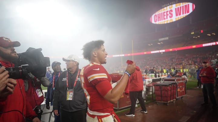 Nov 4, 2024; Kansas City, Missouri, USA; Kansas City Chiefs quarterback Patrick Mahomes (15) leaves the field after win over the Tampa Bay Buccaneers at GEHA Field at Arrowhead Stadium. Mandatory Credit: Denny Medley-Imagn Images