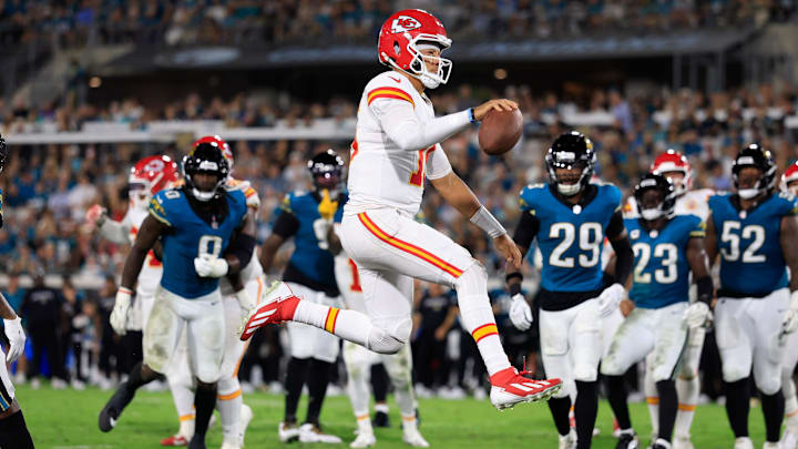 Kansas City Chiefs quarterback Patrick Mahomes (15) scores a rushing touchdown during the second quarter of an NFL football matchup at EverBank Stadium, Monday, Oct. 6, 2025, in Jacksonville, Fla. [Corey Perrine/Florida Times-Union]
