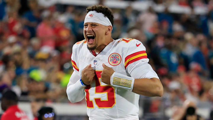 Kansas City Chiefs quarterback Patrick Mahomes (15) gets the crowd hyped before an NFL football matchup at EverBank Stadium, Monday, Oct. 6, 2025, in Jacksonville, Fla. The Jacksonville Jaguars edged the Kansas City Chiefs 31-28. [Corey Perrine/Florida Times-Union]