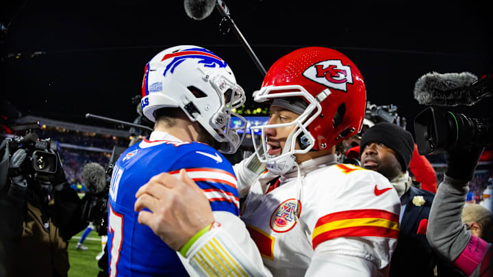 Jan 21, 2024; Orchard Park, New York, USA; Kansas City Chiefs quarterback Patrick Mahomes (15) greets Buffalo Bills quarterback Josh Allen (17) following the 2024 AFC divisional round game at Highmark Stadium. Mandatory Credit: Mark J. Rebilas-Imagn Images Jan 21, 2024; Orchard Park, New York, USA; Kansas City Chiefs quarterback Patrick Mahomes (15) greets Buffalo Bills quarterback Josh Allen (17) following the 2024 AFC divisional round game at Highmark Stadium. Mandatory Credit: Mark J. Rebilas-Imagn Images