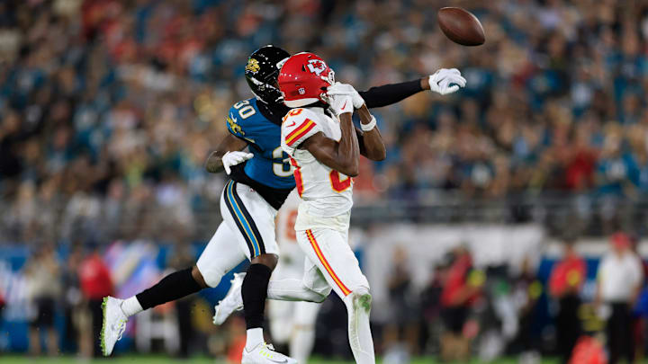 Jacksonville Jaguars cornerback Montaric Brown (30) breaks up a pass intended for Kansas City Chiefs wide receiver Tyquan Thornton (80) during the fourth quarter of an NFL football matchup at EverBank Stadium, Monday, Oct. 6, 2025, in Jacksonville, Fla. The Jacksonville Jaguars edged the Kansas City Chiefs 31-28. [Corey Perrine/Florida Times-Union]