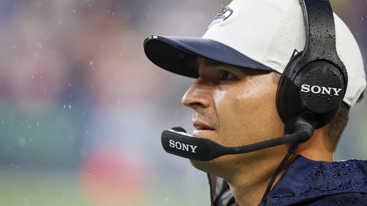 Aug 15, 2025; Seattle, Washington, USA; Seattle Seahawks head coach Mike Macdonald stands on the sideline during the second quarter at Lumen Field. Mandatory Credit: Joe Nicholson-Imagn Images