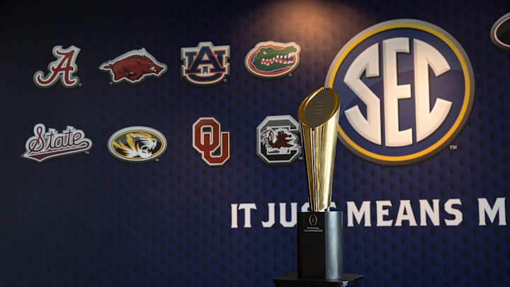 Jul 16, 2024; Dallas, TX, USA; The National Championship trophy at Omni Dallas Hotel. Mandatory Credit: Brett Patzke-Imagn Images Jul 16, 2024; Dallas, TX, USA; The National Championship trophy at Omni Dallas Hotel. Mandatory Credit: Brett Patzke-Imagn Images