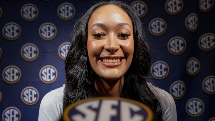 Alabama player Aaliyah Nye sits for an interview during SEC Media Day at the Grand Bohemian Hotel in Mountain Brook Tuesday, Oct. 16, 2024.