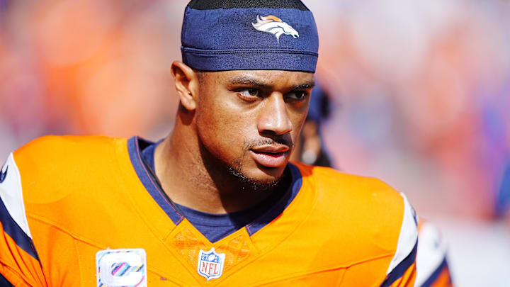 Oct 13, 2024; Denver, Colorado, USA; Denver Broncos cornerback Pat Surtain II (2) before the start of the first quarter against the Los Angeles Chargers at Empower Field at Mile High. Mandatory Credit: Ron Chenoy-Imagn Images