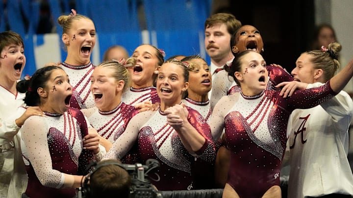 Apr 6, 2025; Tuscaloosa, AL, USA; Alabama gymnasts react to the final socres being posted for the NCAA Gymnastics Tuscaloosa Regional at Coleman Coliseum. Florida won the event with a score of 197.700 and Alabama also advanced scoring 197.675. Apr 6, 2025; Tuscaloosa, AL, USA; Alabama gymnasts react to the final socres being posted for the NCAA Gymnastics Tuscaloosa Regional at Coleman Coliseum. Florida won the event with a score of 197.700 and Alabama also advanced scoring 197.675.