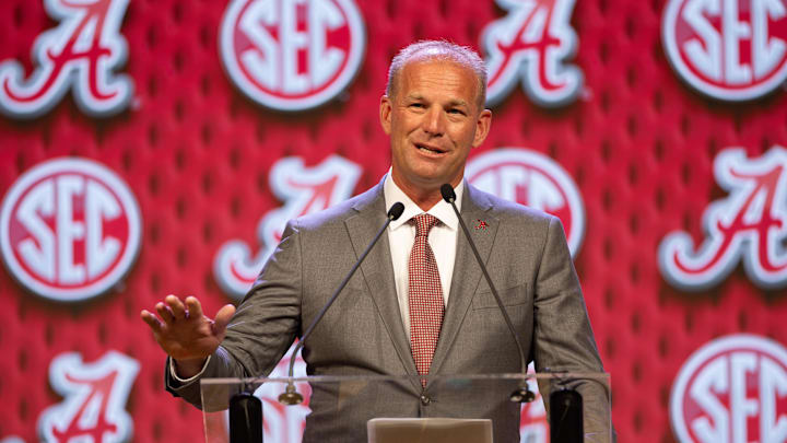 Jul 17, 2024; Dallas, TX, USA; Alabama head coach Kalen DeBoer speaking at Omni Dallas Hotel. Mandatory Credit: Brett Patzke-Imagn Images