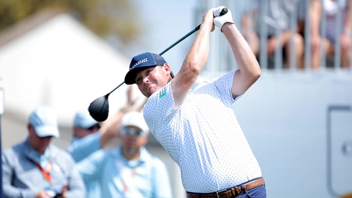 Mar 29, 2025; Houston, Texas, USA; Trey Mullinax hits a tee shot on the first hole during the third round of the Texas Children's Houston Open golf tournament. Mandatory Credit: Erik Williams-Imagn Images