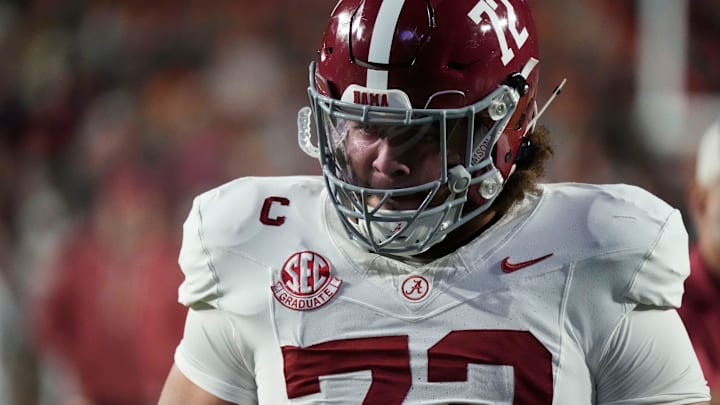 Nov 29, 2025; Auburn, Alabama, USA; Alabama offensive lineman Parker Brailsford (72) warms up before the 2025 Iron Bowl with Auburn at Jordan-Hare Stadium. Mandatory Credit: Gary Cosby Jr.-Tuscaloosa News Nov 29, 2025; Auburn, Alabama, USA; Alabama offensive lineman Parker Brailsford (72) warms up before the 2025 Iron Bowl with Auburn at Jordan-Hare Stadium. Mandatory Credit: Gary Cosby Jr.-Tuscaloosa News