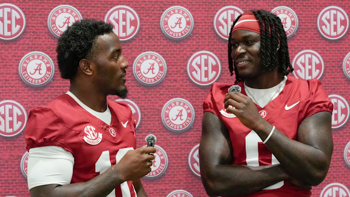 Aug. 4, 2025; Tuscaloosa, AL, USA; Alabama Crimson Tide players and coaches participate in a media day with reporters and fans at the Hank Crisp Indoor Practice Facility. Linebackers Justin Jefferson and Deontae Lawson interview each other.
