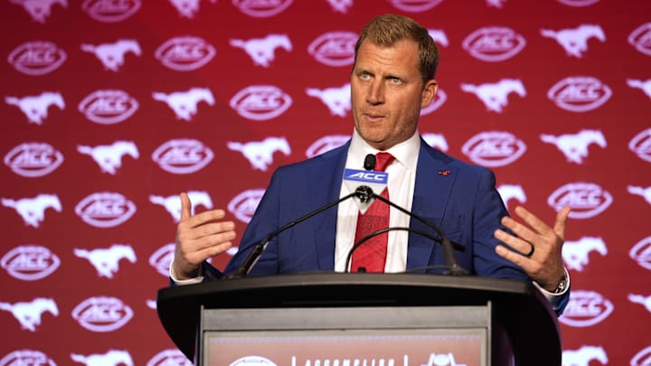Jul 22, 2024; Charlotte, NC, USA; SMU head coach Rhett Lashlee speaks to the media during ACC Kickoff at Hilton Charlotte Uptown. Mandatory Credit: Jim Dedmon-Imagn Images