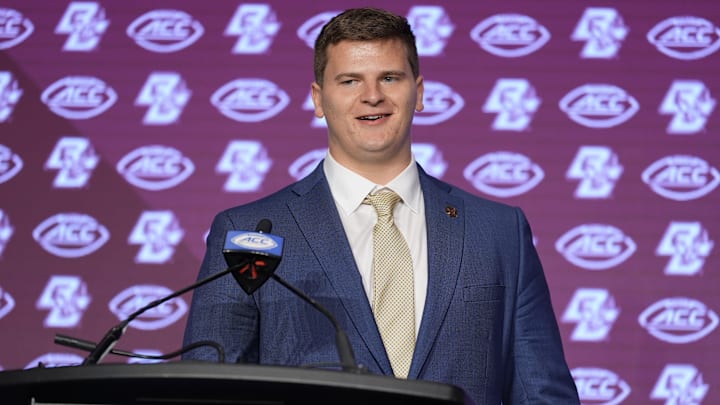 Jul 24, 2024; Charlotte, NC, USA; Boston College Eagles offensive lineman Drew Kendall speaks to the media during the ACC Kickoff at Hilton Charlotte Uptown. Mandatory Credit: Jim Dedmon-Imagn Images