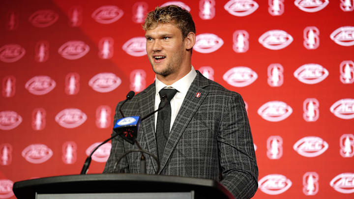 Jul 22, 2025; Charlotte, NC, USA; Stanford tight end Sam Roush answers questions from the media during ACC Media Days at Hilton Charlotte Uptown. Mandatory Credit: Jim Dedmon-Imagn Images Jul 22, 2025; Charlotte, NC, USA; Stanford tight end Sam Roush answers questions from the media during ACC Media Days at Hilton Charlotte Uptown. Mandatory Credit: Jim Dedmon-Imagn Images