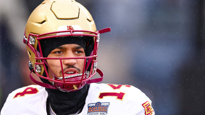 Dec 28, 2024; Bronx, NY, USA; Boston College Eagles quarterback Grayson James (14) looks on before the game against the Nebraska Cornhuskers at Yankee Stadium. Mandatory Credit: Vincent Carchietta-Imagn Images