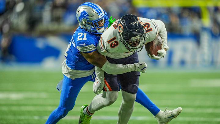 Wide receiver Keenan Allen is tackled by Lions cornerback Amik Robertson at Ford Field on Thanksgiving. Wide receiver Keenan Allen is tackled by Lions cornerback Amik Robertson at Ford Field on Thanksgiving.