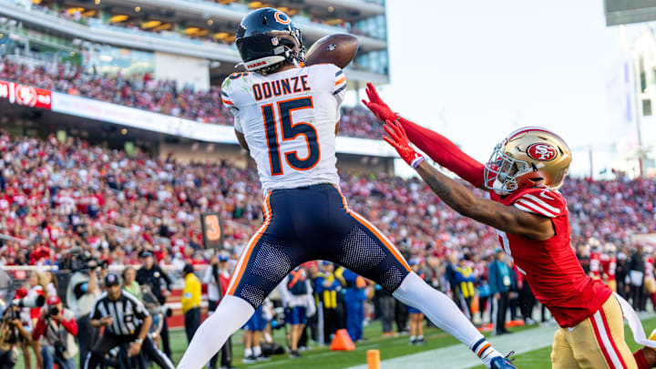 Rome Odunze catches a touchdown pass from Caleb Williams against the 49ers last season.