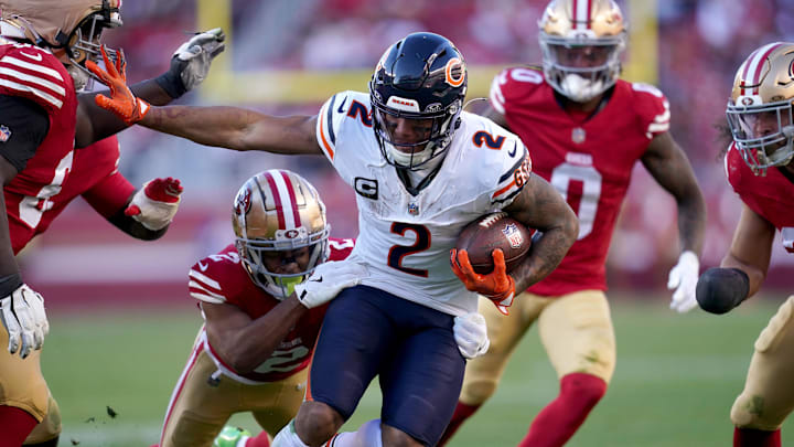 DJ Moore is surrounded by 49ers after making a catch in last season's Bears blowout loss at San Francisco.