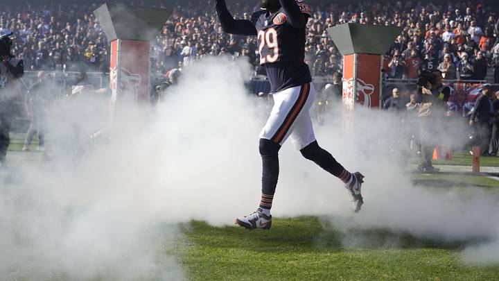 Nov 23, 2025; Chicago, Illinois, USA; Chicago Bears cornerback Tyrique Stevenson (29) takes the field prior to a game against the Pittsburgh Steelers at Soldier Field. Mandatory Credit: David Banks-Imagn Images