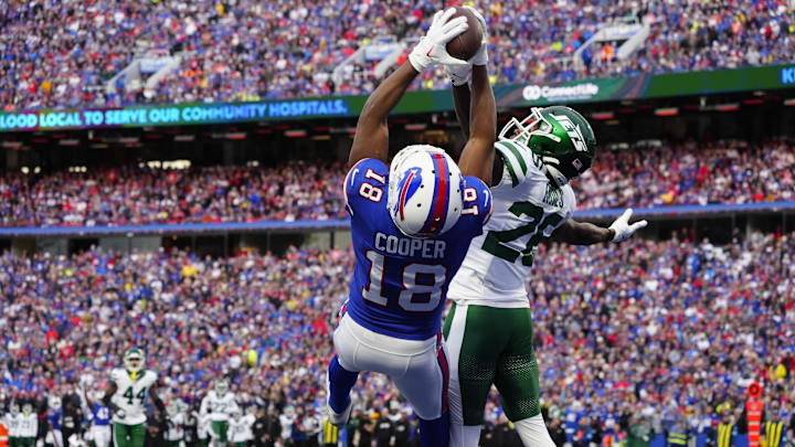 Dec 29, 2024; Orchard Park, New York, USA; Buffalo Bills wide receiver Amari Cooper (18) makes a catch for a touchdown.