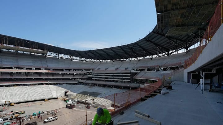 A look out into the stadium as work continues on the Buffalo Bills new stadium, across the street from their current home at Highmark Stadium, in Orchard Park, NY Thursday, July 10, 2025.