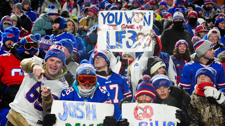 Jan 19, 2025; Orchard Park, New York, USA; Buffalo Bills fans cheer during the third quarter against the Baltimore Ravens in a 2025 AFC divisional round game at Highmark Stadium. Mandatory Credit: Gregory Fisher-Imagn Images