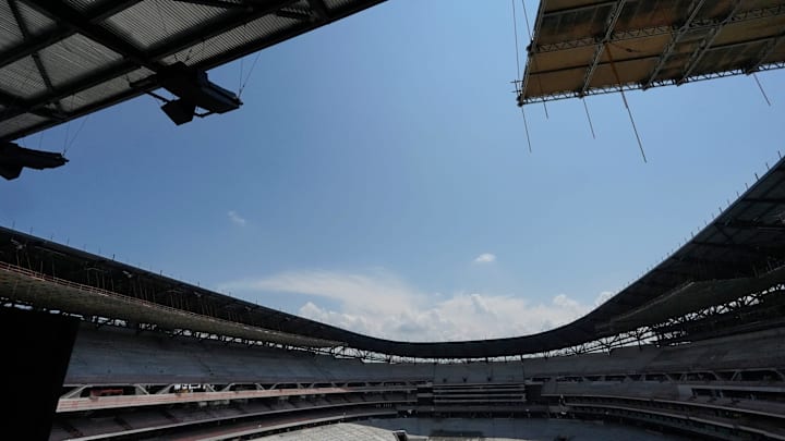 Construction continues on the Buffalo Bills new stadium, across the street from their current home at Highmark Stadium, in Orchard Park, NY Thursday, July 10, 2025. This is the view from one of the end zone’s looking out into the stadium. Construction continues on the Buffalo Bills new stadium, across the street from their current home at Highmark Stadium, in Orchard Park, NY Thursday, July 10, 2025. This is the view from one of the end zone’s looking out into the stadium.
