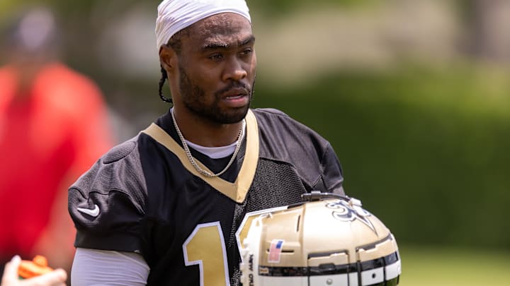Jun 10, 2025; New Orleans, LA, USA; New Orleans Saints wide receiver Brandin Cooks (10) looks on during minicamp at Ochsner Sports Performance Center. Jun 10, 2025; New Orleans, LA, USA; New Orleans Saints wide receiver Brandin Cooks (10) looks on during minicamp at Ochsner Sports Performance Center.