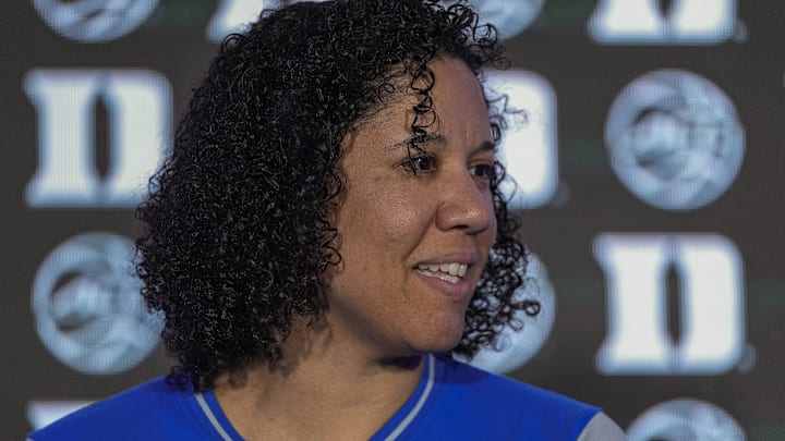 Oct 9, 2024; Charlotte, NC, USA; Duke head coach Kara Lawson during ACC Media Days at The Hilton Charlotte Uptown. Mandatory Credit: Jim Dedmon-Imagn Images