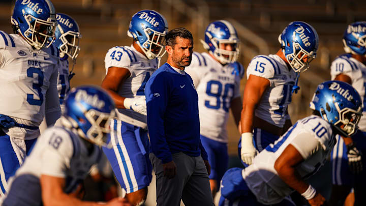 Nov 8, 2025; East Hartford, Connecticut, USA; Duke Blue Devils head coach Manny Diaz on the field for warm up before the start of the game against the UConn Huskies at Pratt & Whitney Stadium at Rentschler Field. Mandatory Credit: David Butler II-Imagn Images