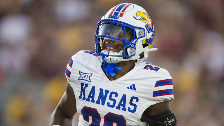 Oct 5, 2024; Tempe, Arizona, USA; Kansas Jayhawks cornerback Jalen Todd (26) against the Arizona State Sun Devils at Mountain America Stadium. Mandatory Credit: Mark J. Rebilas-Imagn Images