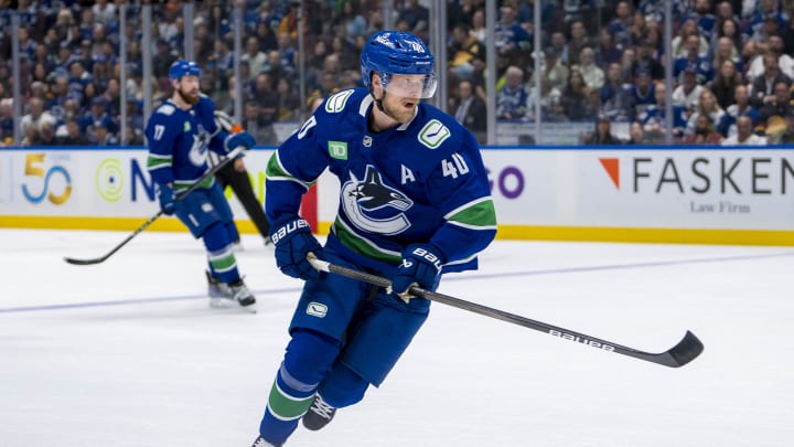 May 16, 2024; Vancouver, British Columbia, CAN; Vancouver Canucks forward Elias Pettersson (40) skates against the Edmonton Oilers during the third period in game five of the second round of the 2024 Stanley Cup Playoffs at Rogers Arena. Mandatory Credit: Bob Frid-USA TODAY Sports