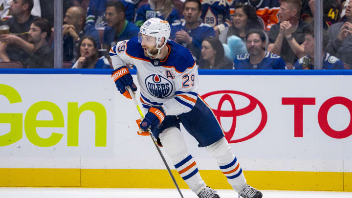 May 10, 2024; Vancouver, British Columbia, CAN; Edmonton Oilers forward Leon Draisaitl (29) handles the puck against the Vancouver Canucks during the third period in game two of the second round of the 2024 Stanley Cup Playoffs at Rogers Arena. Mandatory Credit: Bob Frid-USA TODAY Sports