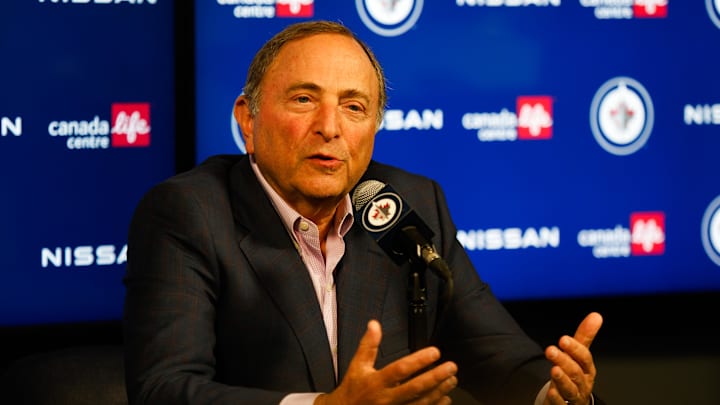 Feb 27, 2024; Winnipeg, Manitoba, CAN; NHL Commissioner Gary Bettman talks to the press before the Winnipeg Jets vs St. Louis Blues game at Canada Life Centre. Mandatory Credit: Terrence Lee-Imagn Images