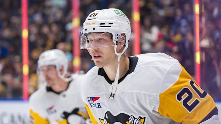 Oct 26, 2024; Vancouver, British Columbia, CAN; Pittsburgh Penguins forward Lars Eller (20) skates during warm up prior to a game against the Vancouver Canucks at Rogers Arena. Mandatory Credit: Bob Frid-Imagn Images