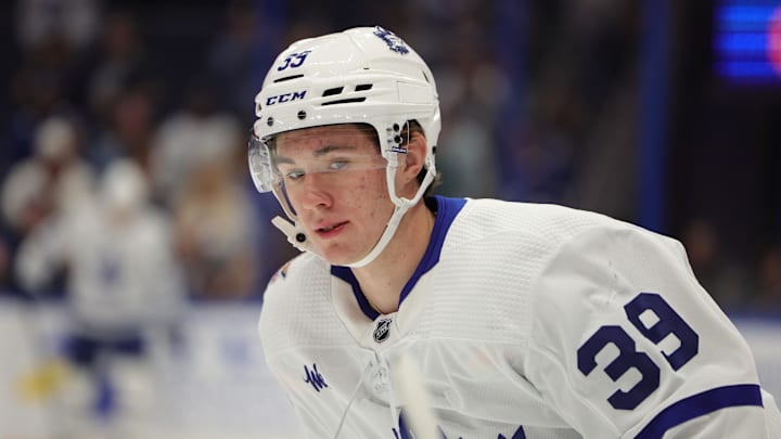 Oct 21, 2023; Tampa, Florida, USA; Toronto Maple Leafs center Fraser Minten (39) warms up before a game against the Tampa Bay Lightning at Amalie Arena. Mandatory Credit: Nathan Ray Seebeck-Imagn Images Oct 21, 2023; Tampa, Florida, USA; Toronto Maple Leafs center Fraser Minten (39) warms up before a game against the Tampa Bay Lightning at Amalie Arena. Mandatory Credit: Nathan Ray Seebeck-Imagn Images