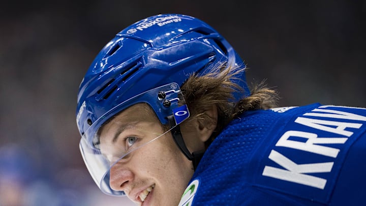 Mar 23, 2023; Vancouver, British Columbia, CAN;Vancouver Canucks forward Vitali Kravtsov (91) against the San Jose Sharks in the first period at Rogers Arena. Mandatory Credit: Bob Frid-Imagn Images Mar 23, 2023; Vancouver, British Columbia, CAN;Vancouver Canucks forward Vitali Kravtsov (91) against the San Jose Sharks in the first period at Rogers Arena. Mandatory Credit: Bob Frid-Imagn Images