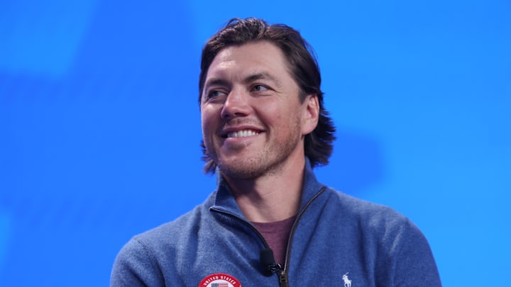 Oct 29, 2025; New York, NY, UNITED STATES; T.J. Oshie, Ice Hockey, Hockey Analyst, speaks to the media during the U.S. Olympic Team Media Summit in preparation for the 2026 Milan Olympic Winter Games at Javits Center. Mandatory Credit: Vincent Carchietta-Imagn Images