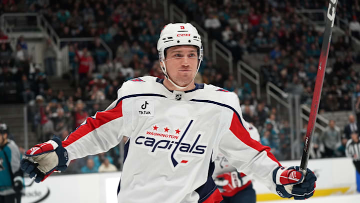 Dec 3, 2025; San Jose, California, USA;  Washington Capitals right winger Ryan Leonard (9) celebrates after scoring a goal against the San Jose Sharks in the first period at SAP Center at San Jose. Mandatory Credit: David Gonzales-Imagn Images