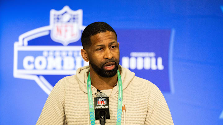 Feb 27, 2024; Indianapolis, IN, USA; Cleveland Browns  Executive Vice President of Football Operations and General Manager Andrew Berry talks to the media at the 2024 NFL Combine at Indiana Convention Center. Mandatory Credit: Trevor Ruszkowski-Imagn Images