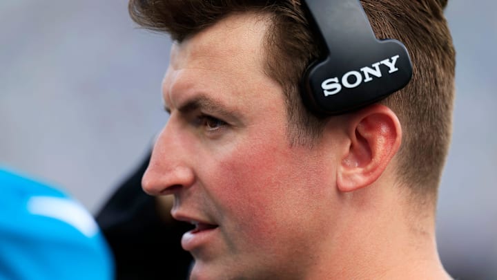 Jacksonville Jaguars offensive coordinator Grant Udinski looks on during the second quarter of an NFL football matchup, Sunday, Oct. 12, 2025, at EverBank Stadium in Jacksonville, Fla. The Seahawks defeated the Jaguars 20-12.