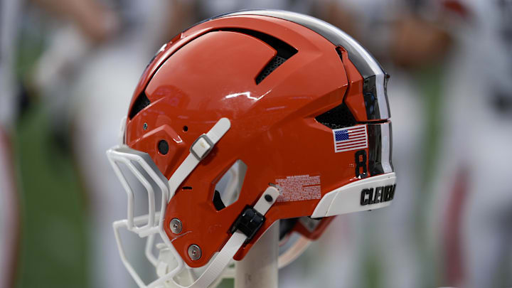 Aug 8, 2025; Charlotte, North Carolina, USA; Cleveland Browns helmet during the first quarter against the Carolina Panthers at Bank of America Stadium. Mandatory Credit: Jim Dedmon-Imagn Images