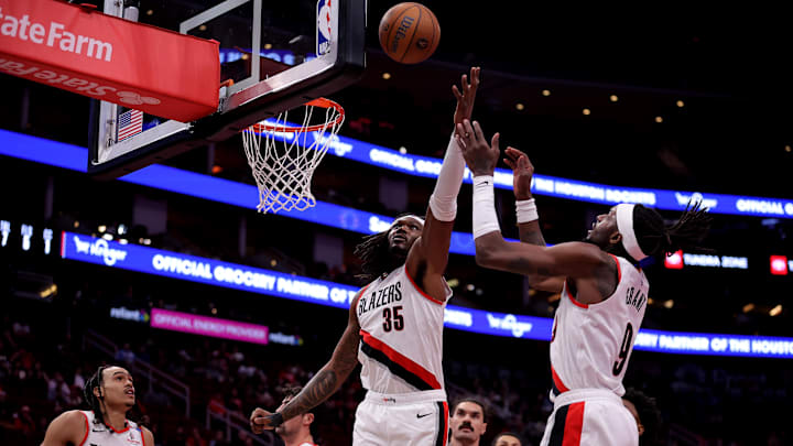 Nov 22, 2024; Houston, Texas, USA; Portland Trail Blazers center Robert Williams III (35) rebounds against the Houston Rockets during the first quarter at Toyota Center. Mandatory Credit: Erik Williams-Imagn Images