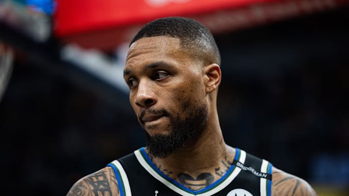 Apr 22, 2025; Indianapolis, Indiana, USA; Milwaukee Bucks guard Damian Lillard (0) during game two of first round for the 2024 NBA Playoffs against the Indiana Pacers at Gainbridge Fieldhouse. Mandatory Credit: Trevor Ruszkowski-Imagn Images