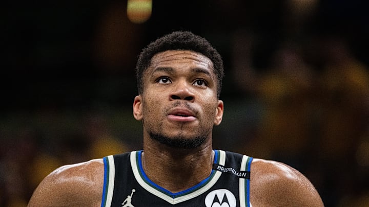 Apr 29, 2025; Indianapolis, Indiana, USA; Milwaukee Bucks forward Giannis Antetokounmpo (34) during game five of the first round for the 2024 NBA Playoffs against the Indiana Pacers at Gainbridge Fieldhouse. Mandatory Credit: Trevor Ruszkowski-Imagn Images Apr 29, 2025; Indianapolis, Indiana, USA; Milwaukee Bucks forward Giannis Antetokounmpo (34) during game five of the first round for the 2024 NBA Playoffs against the Indiana Pacers at Gainbridge Fieldhouse. Mandatory Credit: Trevor Ruszkowski-Imagn Images